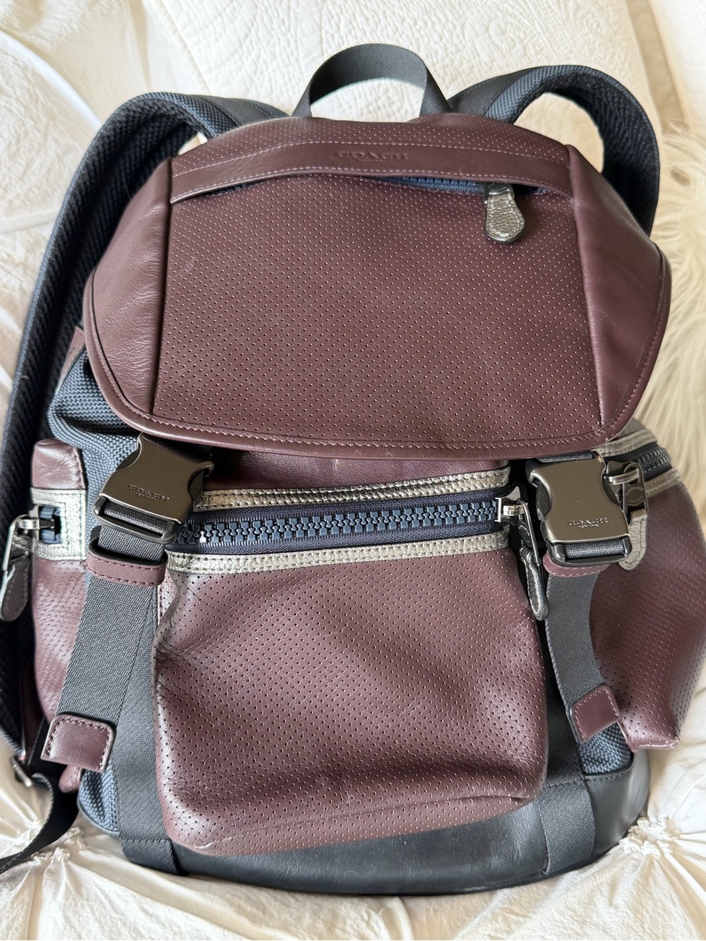 Coach Burgundy Black Leather Nylon Backpack Style F22289